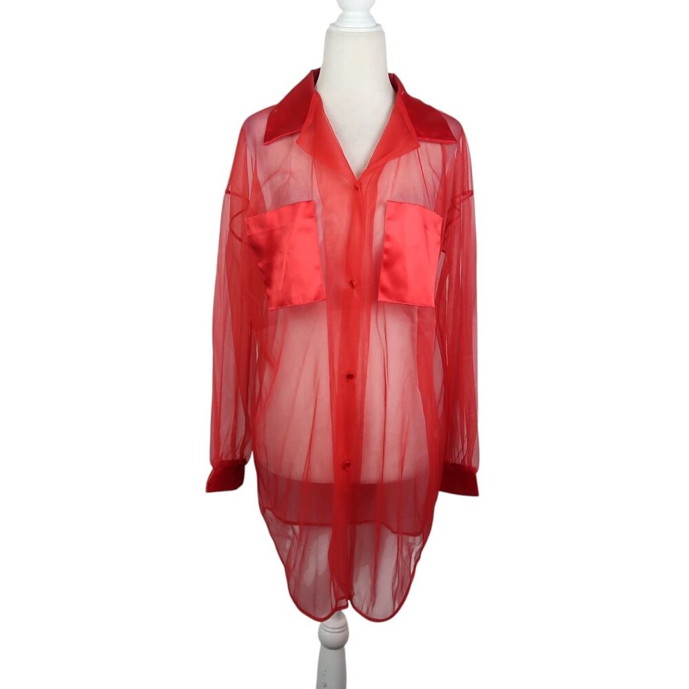 Vintage 90s Nite Images II Red Sheer Mesh Button-Down Blouse Top M